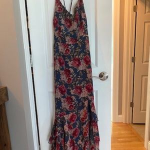 Long Floral Dress with Ruffles & Lace-up back